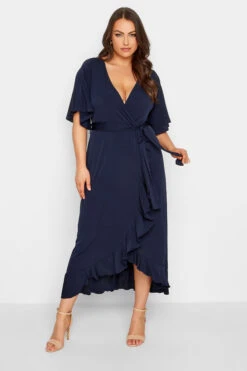 YOURS LONDON Curve Navy Blue Short Sleeve Ruffle Wrap Maxi Dress