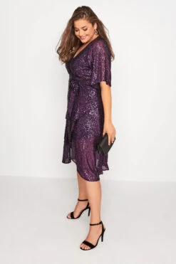 YOURS LONDON Curve Purple Sequin Embellished Double Wrap Dress