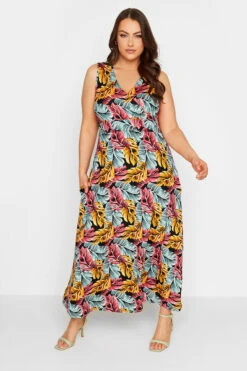 YOURS Curve Black Tropical Leaf Print Wrap Maxi Dress