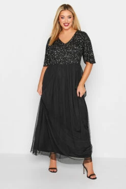 LUXE Curve Black Angel Sequin Sleeve Maxi Dress