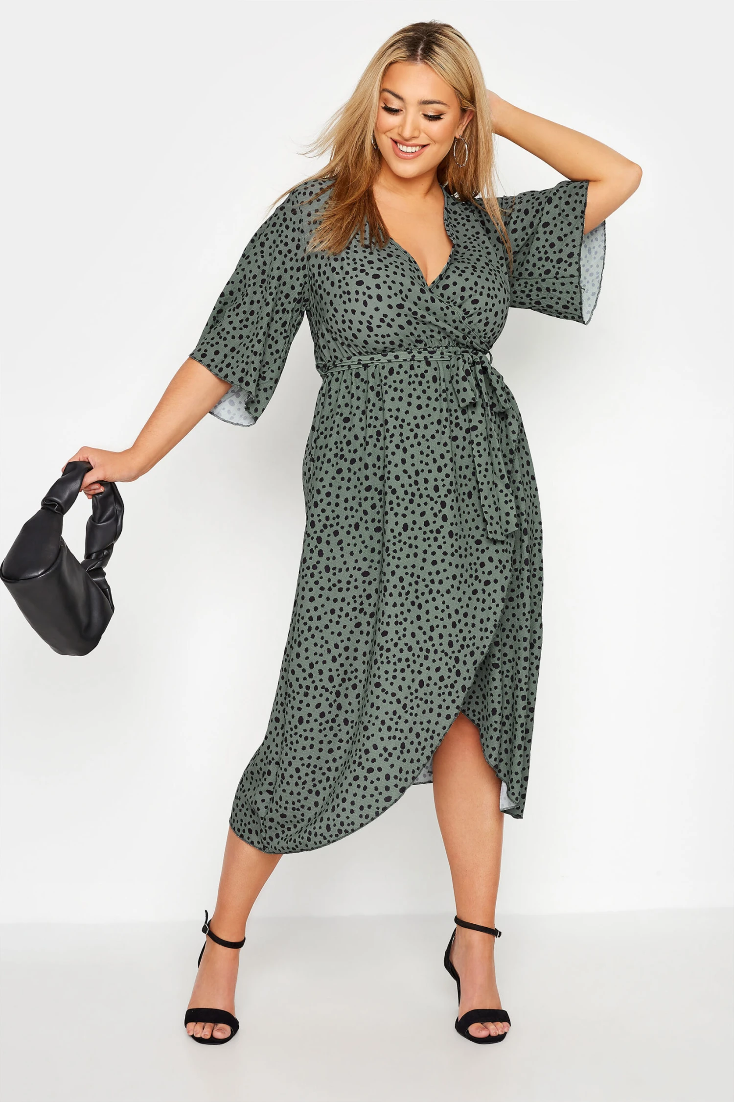 YOURS LONDON Curve Green Dalmatian Print Midi Wrap Dress 1 YOURS LONDON Curve Green Dalmatian Print Midi Wrap Dress