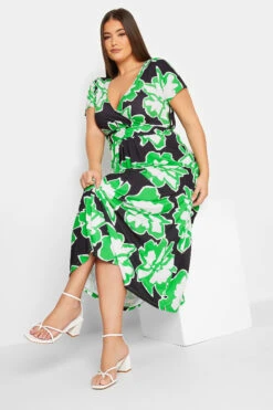YOURS Curve Black Floral Print Wrap Front Midaxi Dress