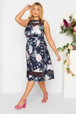 YOURS LONDON Curve Navy Blue & Pink Floral Mesh Panel Skater Dress