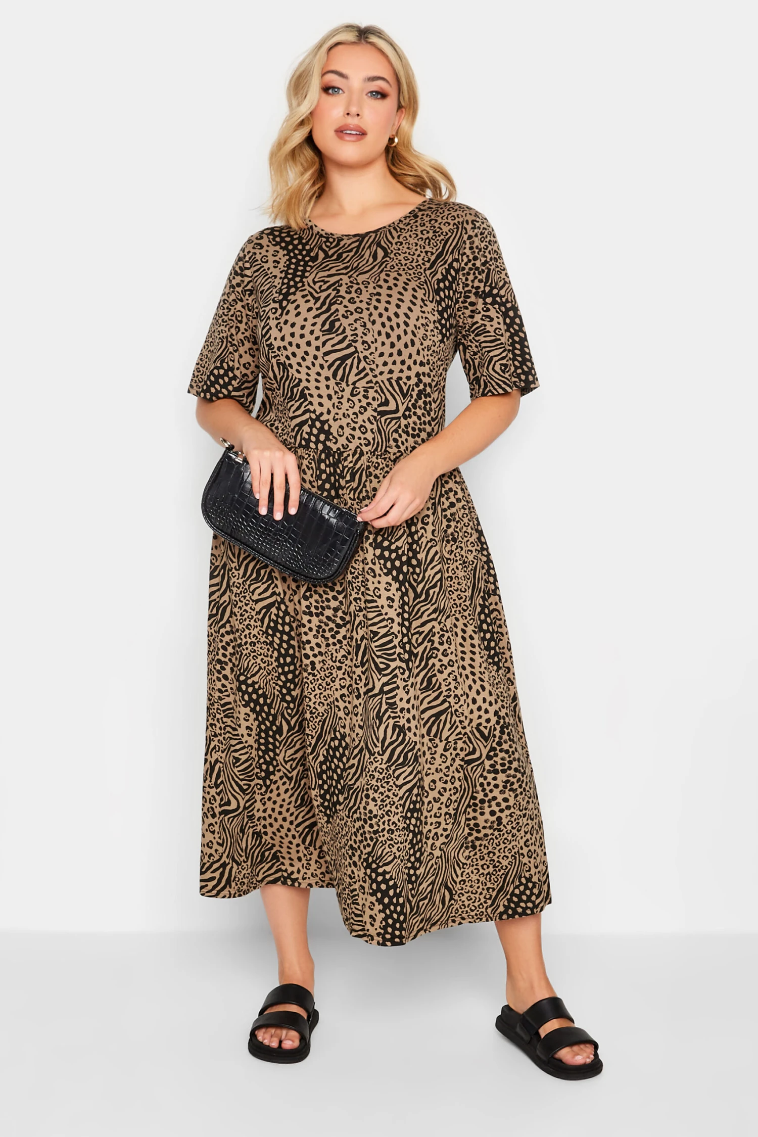 YOURS Curve Brown Mixed Animal Print Midi Smock Dress 1 YOURS Curve Brown Mixed Animal Print Midi Smock Dress