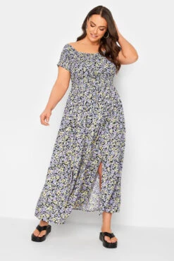 YOURS Curve Black & Purple Floral Shirred Bardot Maxi Dress