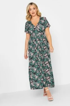 YOURS Curve Black Leaf Print Maxi Wrap Dress