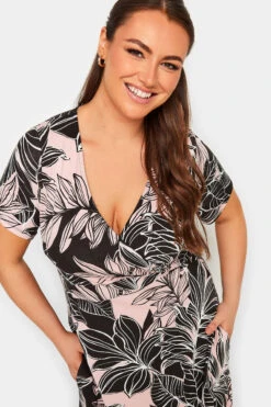 YOURS Curve Black & Pink Leaf Print V-Neck Midaxi Dress -JOICY Clothing Shop f6e1257e 63bd 43 302226 D