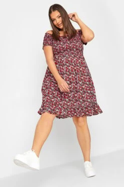 YOURS Curve Pink Floral Shirred Bardot Mini Dress