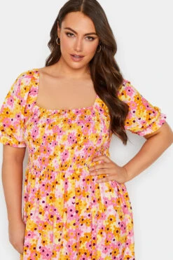 YOURS Curve Pink Floral Print Shirred Midi Dress -JOICY Clothing Shop f9a785f8 bb39 49 137321 D