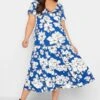 YOURS Curve Cobalt Blue Floral V-Neck Tiered Wrap Dress