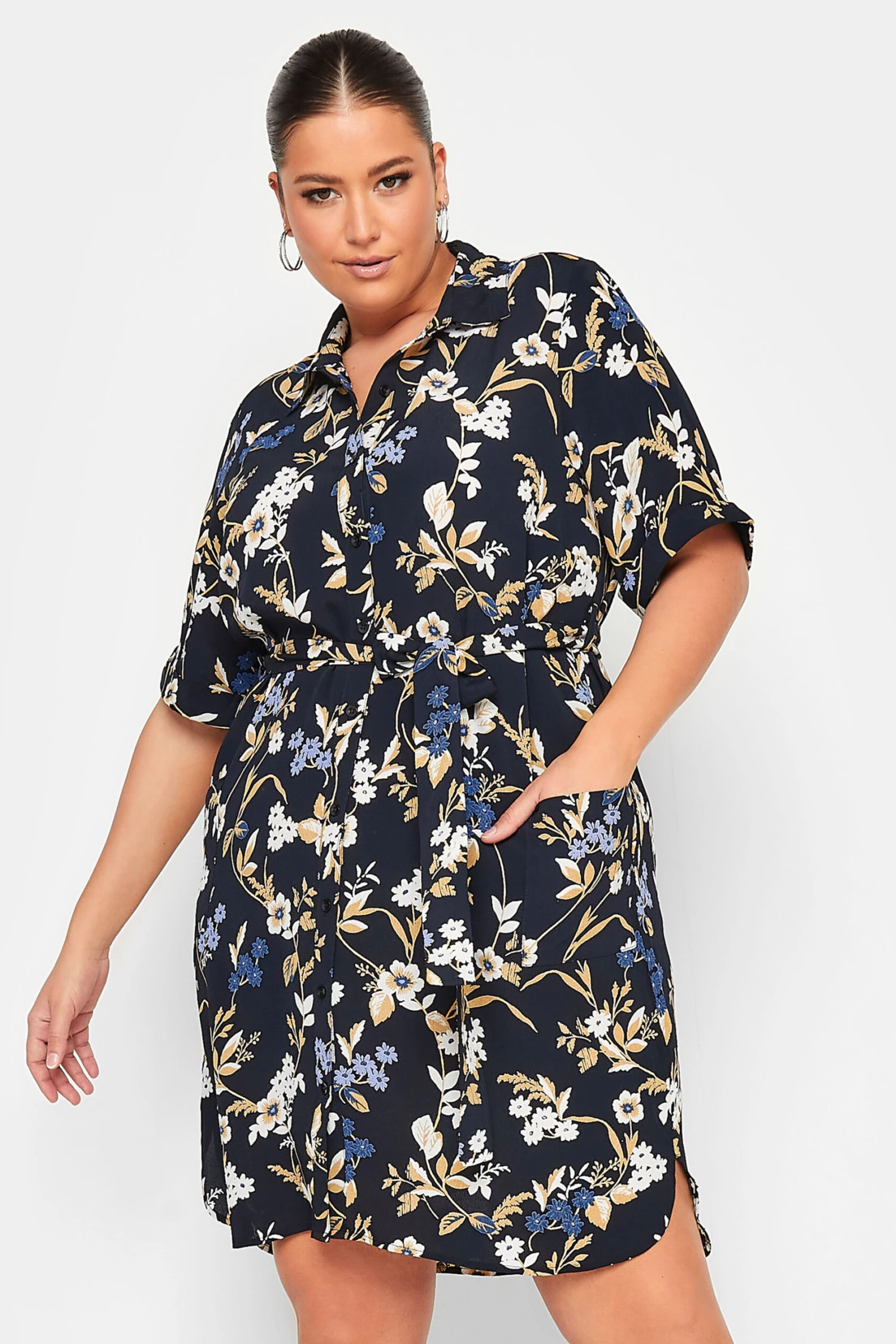 YOURS Curve Black Floral Shirt Dress 3 YOURS Curve Black Floral Shirt Dress - Image 3