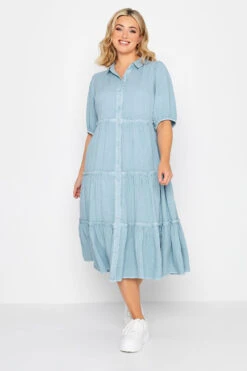 YOURS Curve Blue Acid Wash Tiered Chambray Denim Shirt Dress